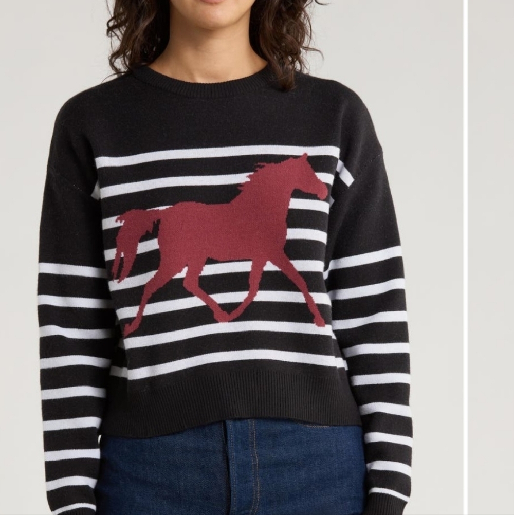Vigoss Black and White Striped Sweater with Red Horse Motif